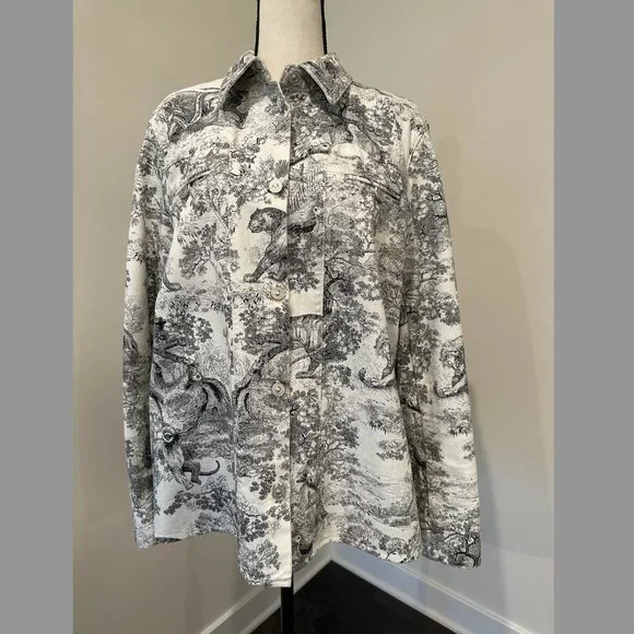 Dior Toile De Jouy Button Front Long Sleeve Shirt In White And Black Cotton - Picture 3 of 12